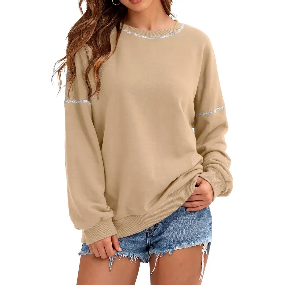 Dokotoo Womens Tops Casual Long Sleeve Oversized Shirts Crewneck Pullover Sweatshirts Autumn Winter Car Stitching Decoration Loose Sweatshirt