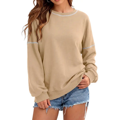 Dokotoo Womens Tops Casual Long Sleeve Oversized Shirts Crewneck Pullover Sweatshirts Autumn Winter Car Stitching Decoration Loose Sweatshirt
