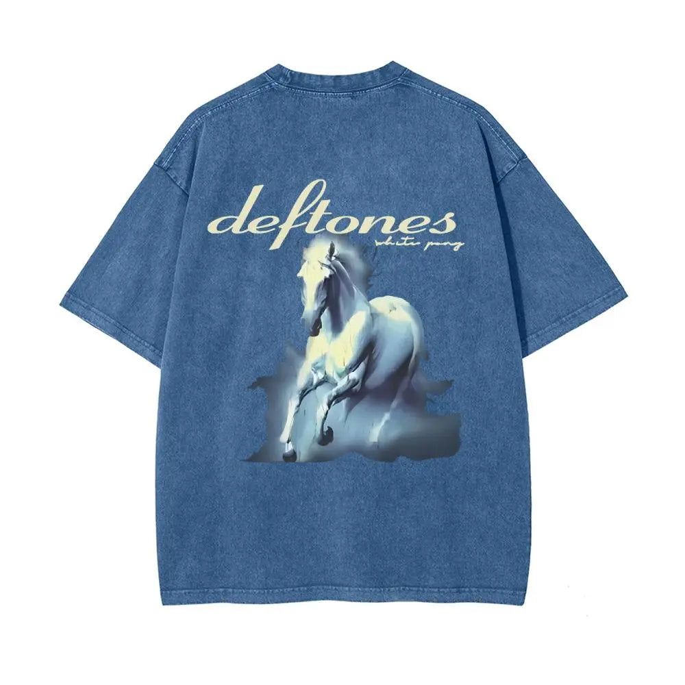 Unisex Retro Limited Vintage Washed T-Shirt, Rock with WHITE PONY Oversized Size Heavy Washed Cotton Tee, 90S Grunge Gothic Punk Y2K Rock Merch