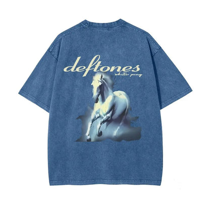 Unisex Retro Limited Vintage Washed T-Shirt, Rock with WHITE PONY Oversized Size Heavy Washed Cotton Tee, 90S Grunge Gothic Punk Y2K Rock Merch