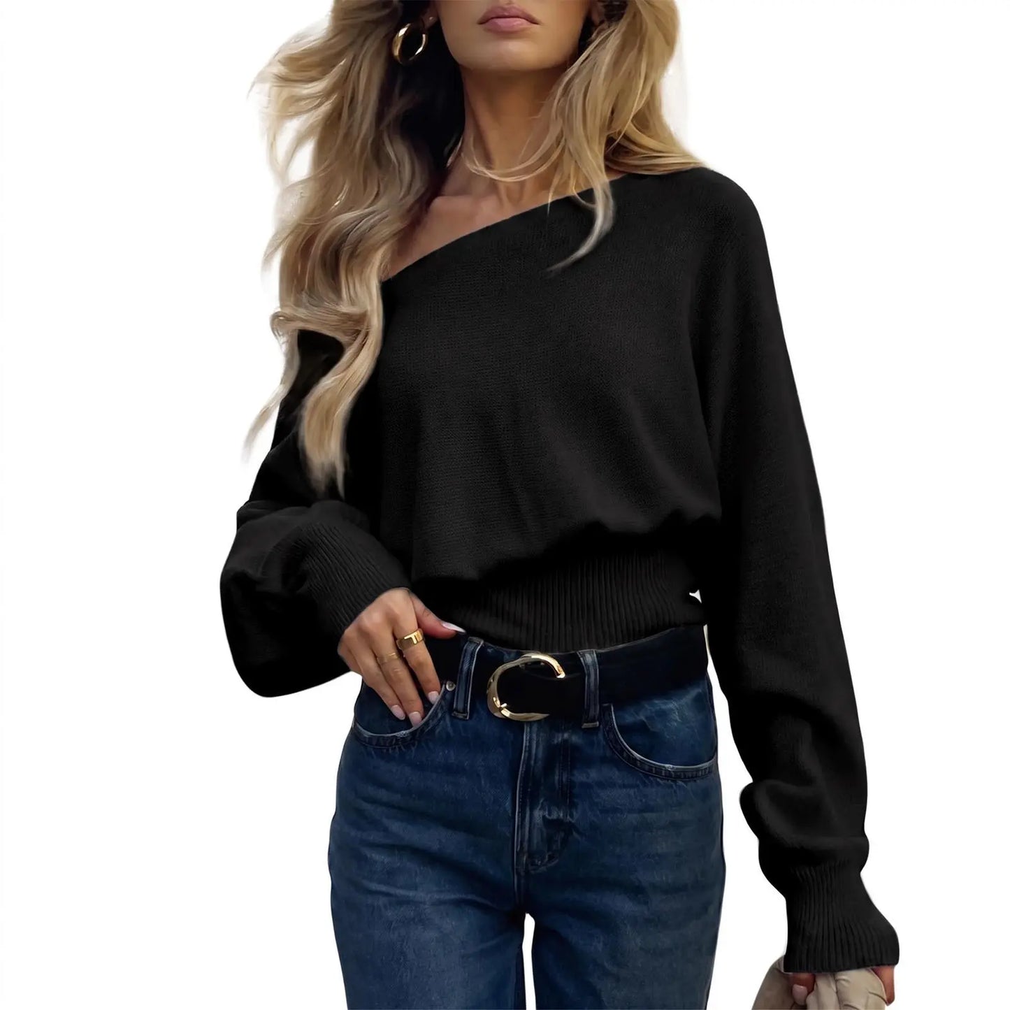 Imily Bela Women'S off Shoulder Sweater Long Sleeve Knit Top Casual Fall/Winter Slouchy Cinched Waist Pullover Jumper