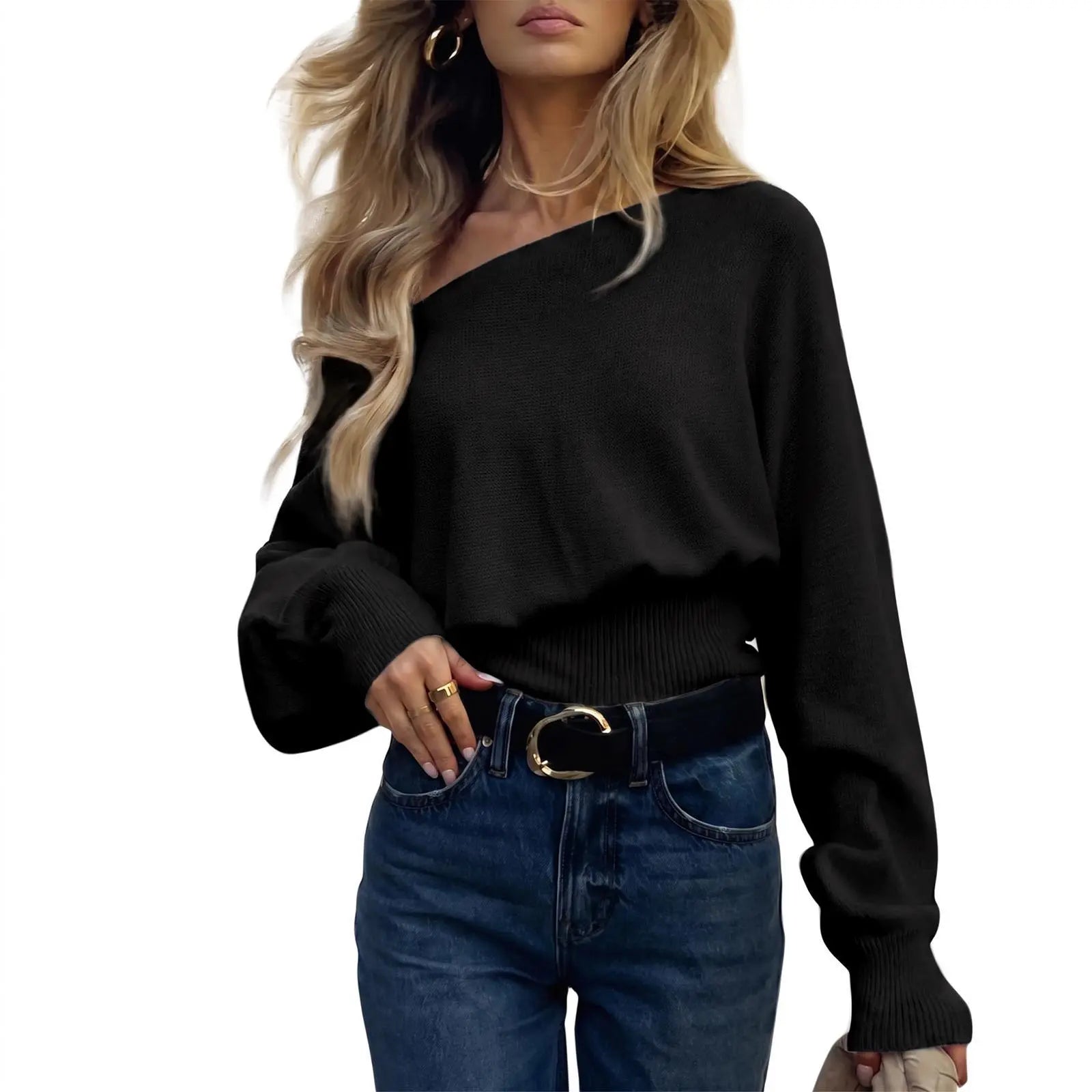 Imily Bela Women'S off Shoulder Sweater Long Sleeve Knit Top Casual Fall/Winter Slouchy Cinched Waist Pullover Jumper